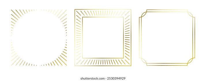 Conjunto de quadros fino dourado. Bordas quadradas douradas em estilo art déco. Coleção de elementos retangulares de radiância linear fina. Pacote de cartão brilhante amarelo brilhante. Pacote de vetor para foto, cartão, cartaz, cartão