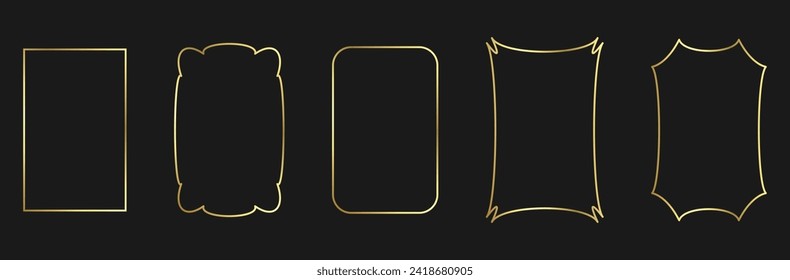 Gold thin frame. A set of rectangular luxury borders of various shapes. Holiday card design graphic element on black background