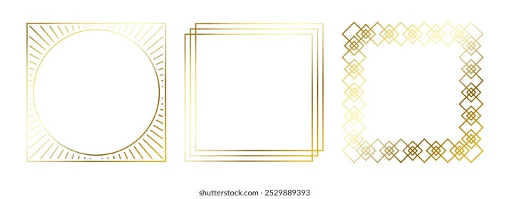 Conjunto de marcos delgados dorados. Bordes cuadrados dorados en estilo art deco. Colección de Elementos rectangulares de luminosidad lineal delgada. Paquete de borders brillantes y brillantes amarillos. Paquete de Vector para la foto, cuadro, cartel, tarjeta