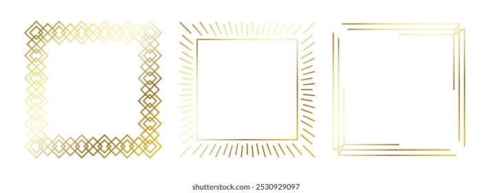 Gold thin frames set. Golden square borders in art deco style. Thin linear radiance rectangular elements collection. Yellow glowing shiny boarder pack. Vector bundle for photo, cadre, poster, card