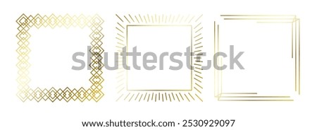 Gold thin frames set. Golden square borders in art deco style. Thin linear radiance rectangular elements collection. Yellow glowing shiny boarder pack. Vector bundle for photo, cadre, poster, card