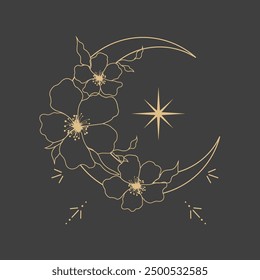 Gold thin line moon flower contour tattoo, floral spiritual mystic element, Esoteric boho magic illustration, Line, leaves and dots decoration on dark background