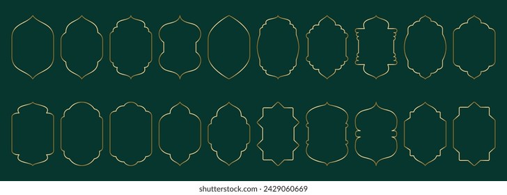 Gold thin window frame shape Islamic door or arch with geometric girikh pattern, silhouette Arabic arch. Luxury set in oriental style. Frames in Arabic Muslim design for Ramadan Kareem. Vector