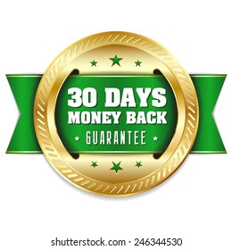 Gold thirty days money back badge with green ribbon