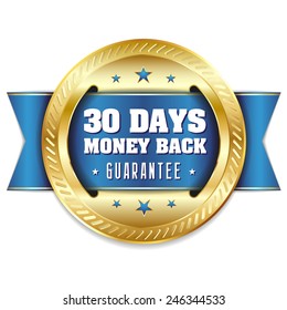 Gold thirty days money back badge with blue ribbon