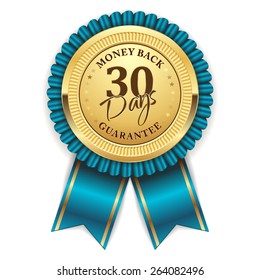 Gold thirty days money back badge with light blue ribbon