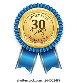 Gold Thirty Days Money Back Badge With Blue Ribbon