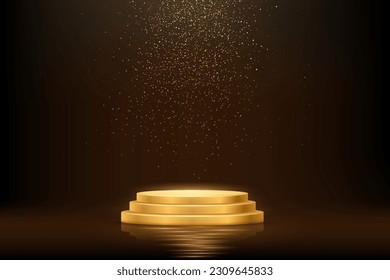 Gold three step podium for product presentation vector illustration. Abstract empty golden award platform with glitter confetti sparkle rain falling from above background.