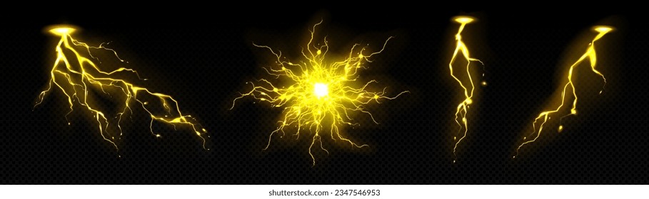 Ilustración vectorial mágica de truenos de oro y luz eléctrica de círculo eléctrico. 3d esfera plasmática realista y explosión energética. La neón aislada tormenta de lluvia se descargó. Explosión de flash con brillo amarillo