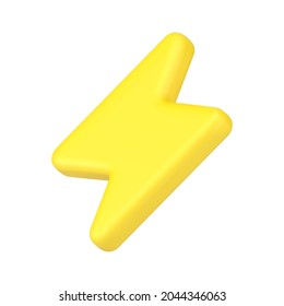 Gold thunderbolt sign 3d icon. Yellow charger symbol for various devices. Minimalistic electrical discharge. Charging work indicator. Powerful lightning strikes. Realistic isolated vector.