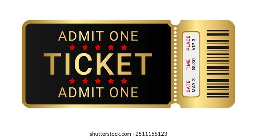 Bilhete dourado com data e código de barras do evento