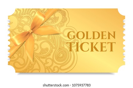 Gold ticket, golden token with bow (ribbon) (tear-off ticket, coupon) isolated on white background. Useful for any festival, party, cinema, event, entertainment show