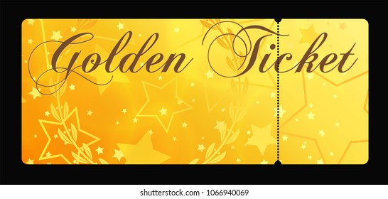 Gold ticket, golden token (tear-off ticket, coupon) with star magical background. Useful for any festival, party, cinema, event, entertainment show