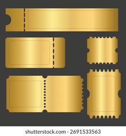 Colección de maqueta de Vector de boleto de oro. Elegantes Cupones en blanco y talones de admisión para teatro, festival o gala. Diseños de vales dorados brillantes sobre fondo oscuro.