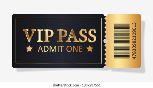 Gold Ticket VIP Pass, Admit One For Concert, Party, Cinema, Theatre With Golden Text, Letters And Barcode. Vector Illustration On White Background For Advertising, Promotion, Banner, Poster.