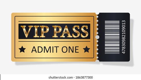 Gold ticket VIP pass, admit one for concert, party, cinema, theatre with golden text, letters and barcode. Vector illustration on white background for advertising, promotion, banner, poster.