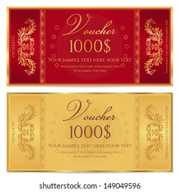 Gold ticket, Voucher, Gift certificate, Coupon template with floral border. Background design for invitation, banknote, money design, currency, check (cheque). Vector in gold, red (maroon) colors