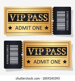 Gold Tickets VIP Pass, Admit One For Concert, Party, Cinema, Theatre With Golden Text, Letters And Barcode. Vector Illustration On White Background For Advertising, Promotion, Banner, Poster.