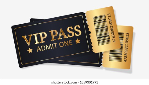 Gold tickets VIP pass, admit one for concert, party, cinema, theatre with golden text, letters and barcode. Vector illustration on white background for advertising, promotion, banner, poster.