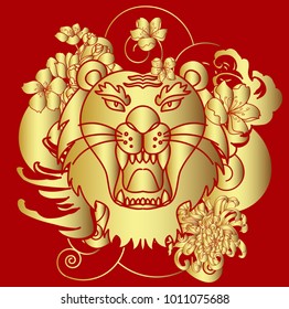 Gold tiger face on red dragon.Golden tiger and cherry blossom on could.