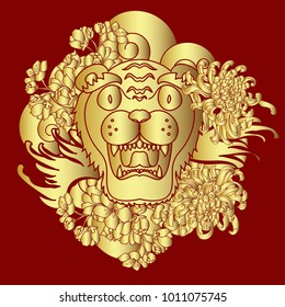 Gold tiger face on red dragon.Golden tiger and cherry blossom