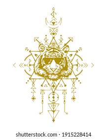 Gold tiger head in sunglasses. Sacred geometry. Detailed drawing of a tiger. Third Eye. T-shirt print. Vector illustration isolated on white background. The symbol of the new year 2022. 