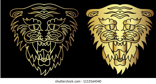Gold Tiger head vector isolate on white background.traditional tattoo tiger head.