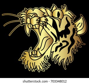 Gold tiger head vector on black background.Gold Japanese tiger tattoo design.Traditional Japanese culture for printing on background.