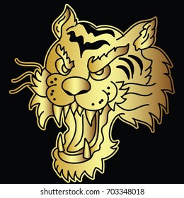 Gold tiger head vector on black background.Japanese tiger tattoo design.Traditional Japanese culture for printing on background.