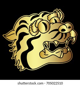 Gold tiger head vector on black background.Gold Japanese tiger tattoo design.Cartoon tiger for coloring book or painting on shirt.