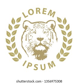 gold tiger inside laurel leaves wreath, logo template 