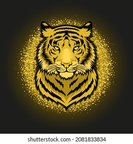 Gold tiger on a black background vector illustration. Symbol of the 2022. New Year greeting card.
