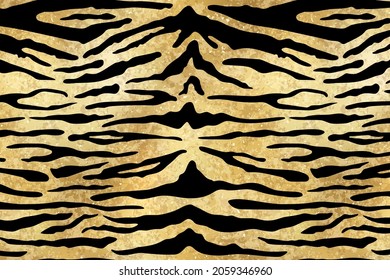 Gold Tiger pattern background. Vector golden wild animal skin texture, black stripes on yellow shiny background luxury print. Abstract jungle safari wallpapers.