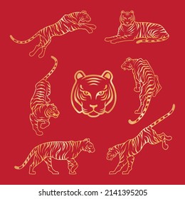 Gold Tiger red background Happy new year 2022 design vector illustration Tigers logotype golden