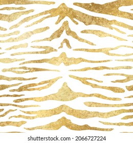 Gold Tiger seamless pattern. Vector golden wild animal skin textured background, yellow shiny foil stripes on white background luxury print. Abstract jungle safari texture for wallpapers, design.