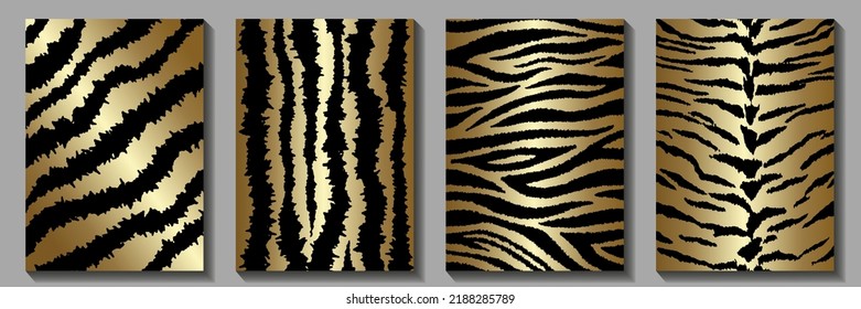 Gold tiger vector art luxury background for brochure, flyer, cards, poster, banner, and cover design. Premium luxury striped pattern. Gold and black modern safari pattern. Stripes. Decor.