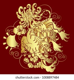 Gold tiger vector on black background.Gold Japanese tiger tattoo design.Gold mask tiger roaring.