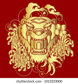 Gold tiger vector on black background.Gold Japanese tiger tattoo design.Gold mask tiger roaring.