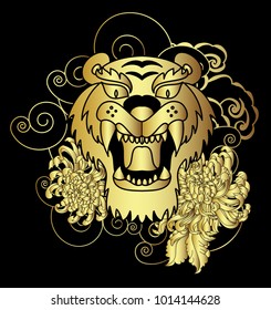 Gold tiger vector on black background.Gold Japanese tiger tattoo design.Gold mask tiger roaring.