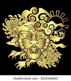 Gold tiger vector on black background.Gold Japanese tiger tattoo design.Gold mask tiger roaring.