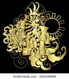 Gold tiger vector on black background.Gold Japanese tiger tattoo design.Gold mask tiger roaring.