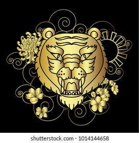 Gold tiger vector on black background.Gold Japanese tiger tattoo design.Gold mask tiger roaring.