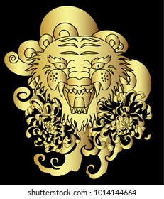 Gold tiger vector on black background.Gold Japanese tiger tattoo design.Gold mask tiger roaring.