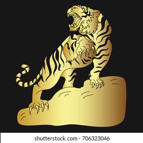 Gold tiger vector on black background.Gold Japanese tiger tattoo design.Cartoon tiger for coloring book or painting on shirt.
