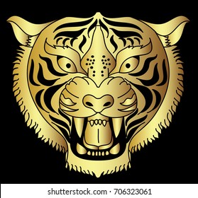 Gold tiger vector on black background.Gold Japanese tiger tattoo design.Cartoon tiger for coloring book or painting on shirt.