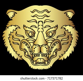 Gold tiger vector on black background.Gold Japanese tiger tattoo design.Traditional Japanese culture for printing on background.Tiger with Sunrise for coloring book