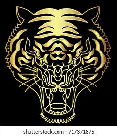 Gold tiger vector on black background.Gold Japanese tiger tattoo design.Traditional Japanese culture for printing on background.Tiger with Sunrise for coloring book