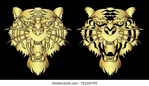 Gold tiger vector on black background.Gold Japanese tiger tattoo design.