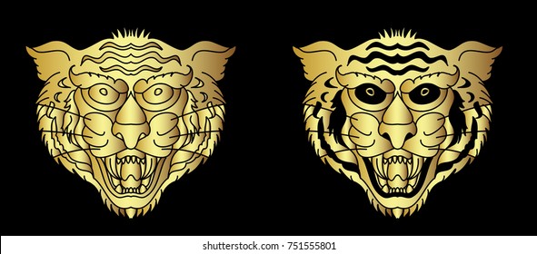 Gold tiger vector on black background.Gold Japanese tiger tattoo design.