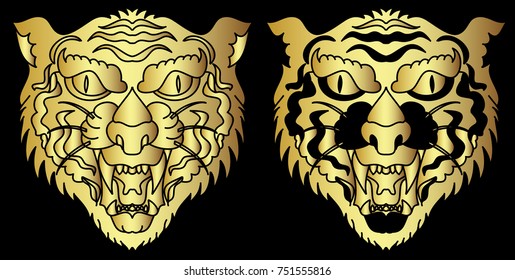 Gold tiger vector on black background.Gold Japanese tiger tattoo design.